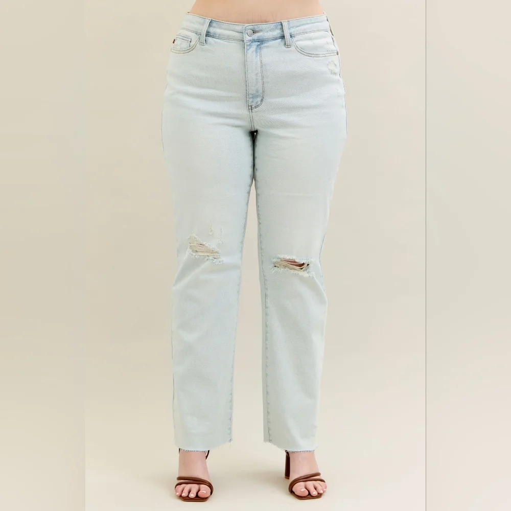 Judy Blue High-Rise Bootcut Jeans Relaxed Distressed Torn Knee Hole Denim Pants